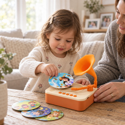 Child and parent playing with the Tiny Record Player and story cards