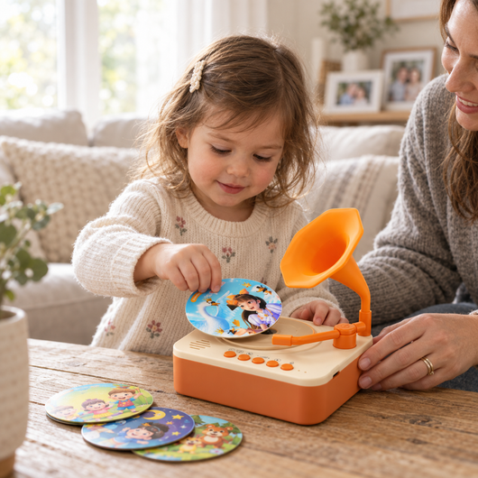 Child and parent playing with the Tiny Record Player and story cards