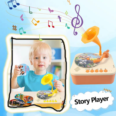 Child holding a story card next to the Tiny Record Player