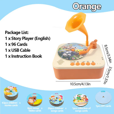 Tiny Record Player in orange with 96 story and song cards, USB cable and instruction book