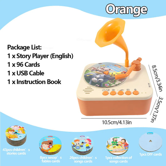Tiny Record Player in orange with 96 story and song cards, USB cable and instruction book